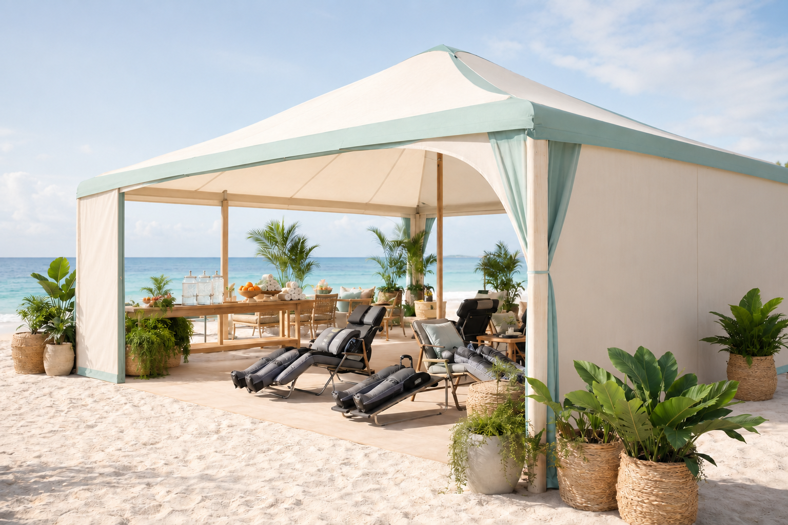 Beach recovery pavilion with fabric side walls, an open ocean-facing frontage, tropical plants, loungers, and compression stations
